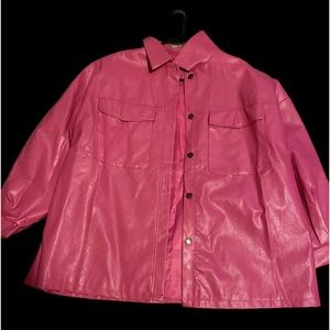 Hot pink faux leather shirt jacket.